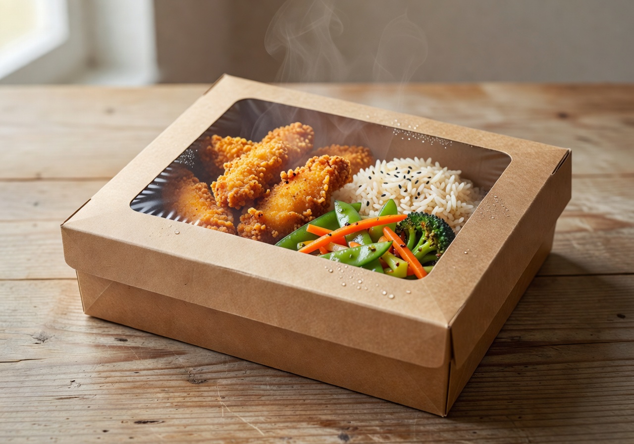 Windowed takeaway box showing food contents through clear panel